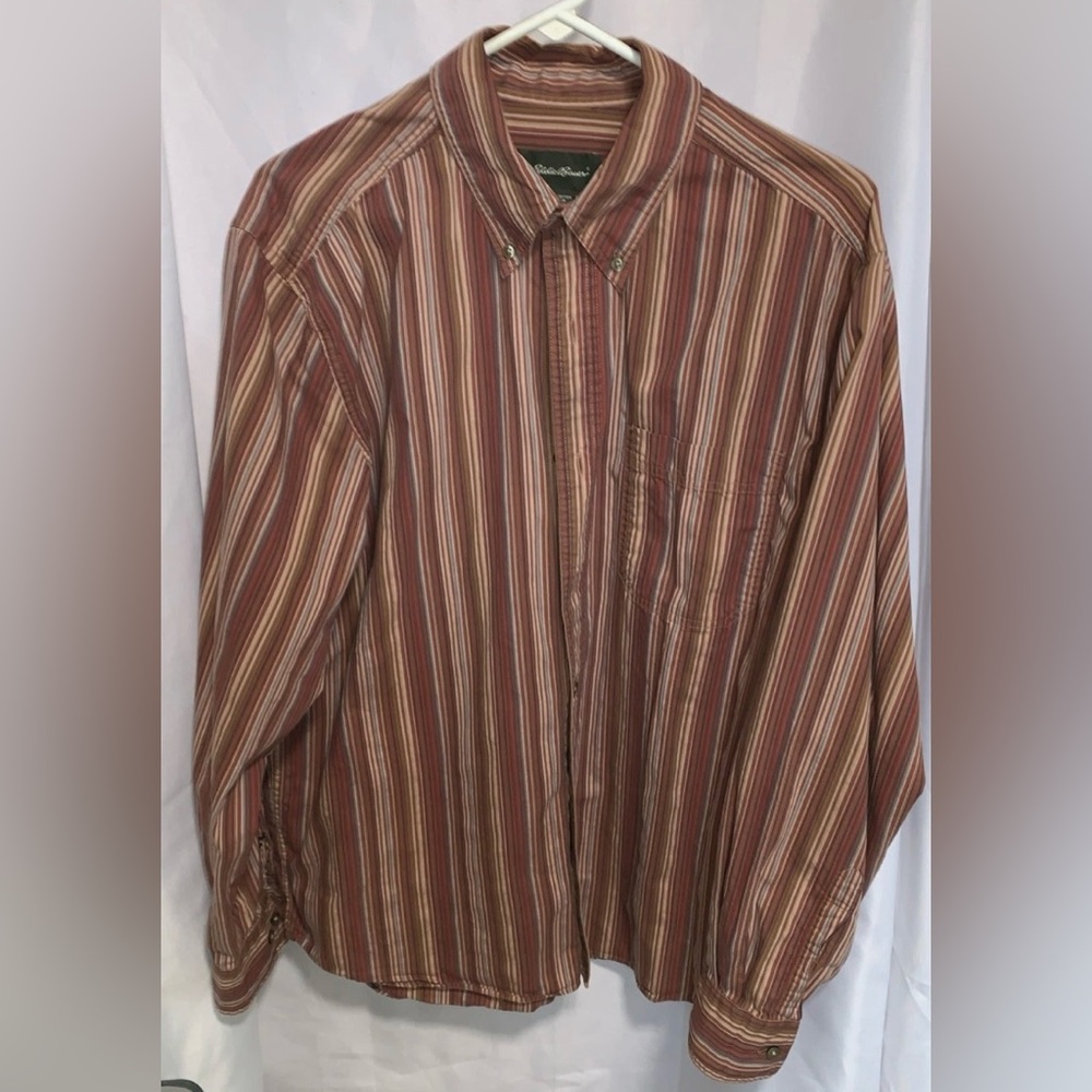 Eddie Bauer Retro Shirt Men's Large Striped Button Down Brown Tan 100% Cotton